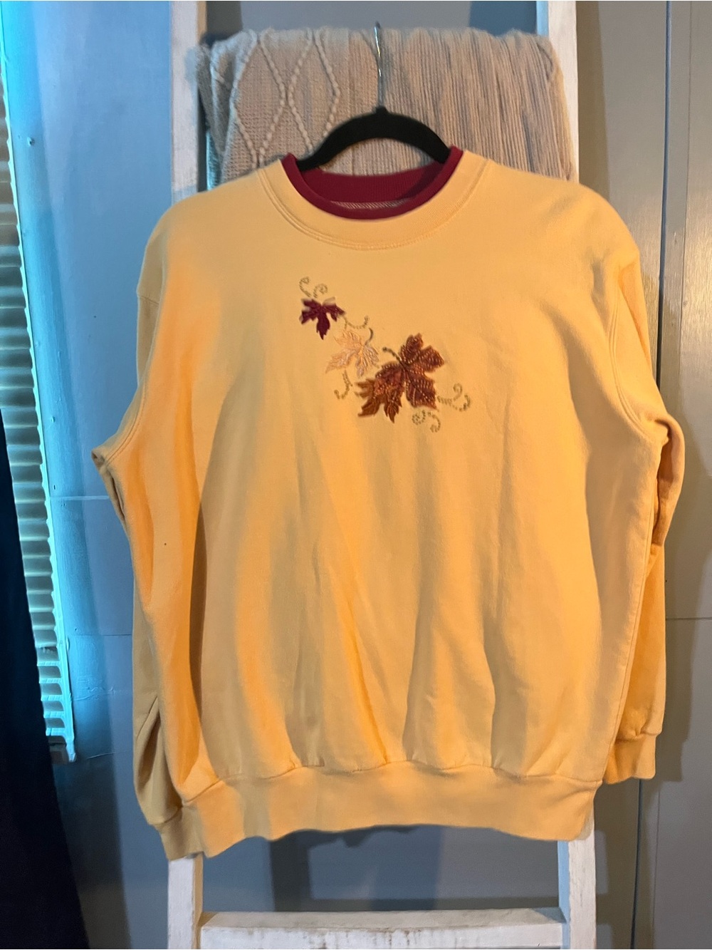 Golden Crewneck Sweatshirt with Embroidered Fall Leaves